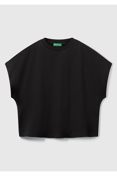 United Colors of Benetton Γυναικείο μπλουζάκι μαύρο 100% βαμβακερό κιμονό με λαιμόκοψη