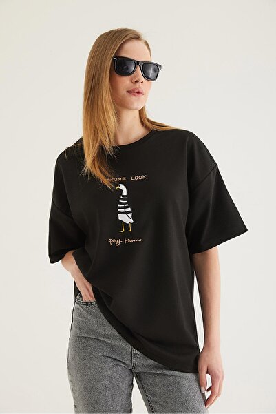 CALİENTE Crew Neck Oversize Printed Tshirt Black
