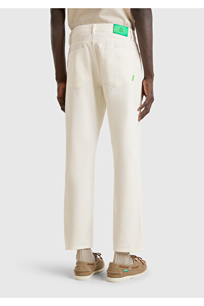 United Colors of Benetton Ανδρικό παντελόνι σε λευκό χρώμα, 100% βαμβάκι, με ετικέτα με λογότυπο στη μέση, 5 τσέπες, ίσια εφαρμογή