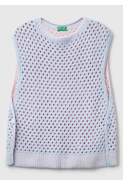 United Colors of Benetton Women's Light Blue Cotton Blend Contrast Buttoned Sides Relax Fit Sweater