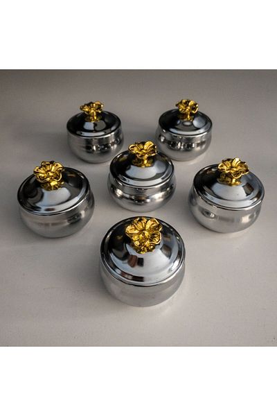Decoan Set of 6 Silver Flower Pattern Chubby - Turkish Delight Bowl, Tea and Coffee Presentation Bowl, Sugar Bowl and Dragee