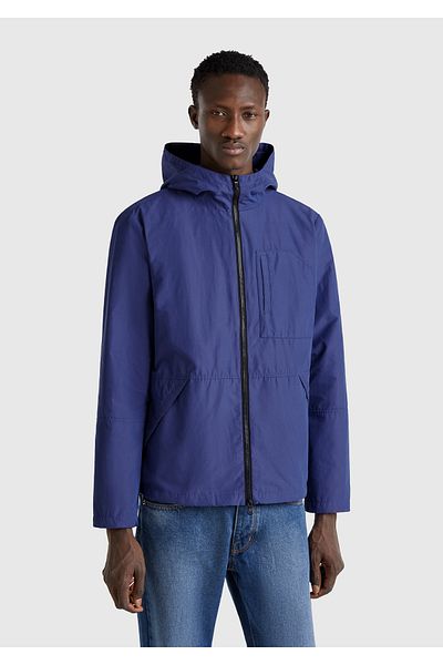 United Colors of Benetton Men's Lavender Blue Cotton Blend Zippered Hooded Jacket with Patch Pocket on the Front