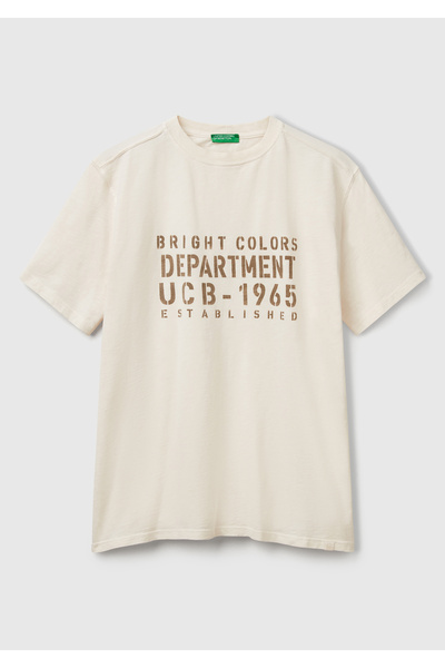 United Colors of Benetton Ανδρικό μπλουζάκι μπεζ-πράσινο 100% βαμβακερό φθαρμένο εφέ με στάμπα μπροστά Relax Fit