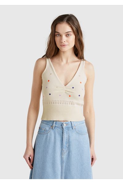 United Colors of Benetton Women's Cream 100% Cotton Floral Embroidered Gathered Chest Regular Fit Knitwear Undershirt