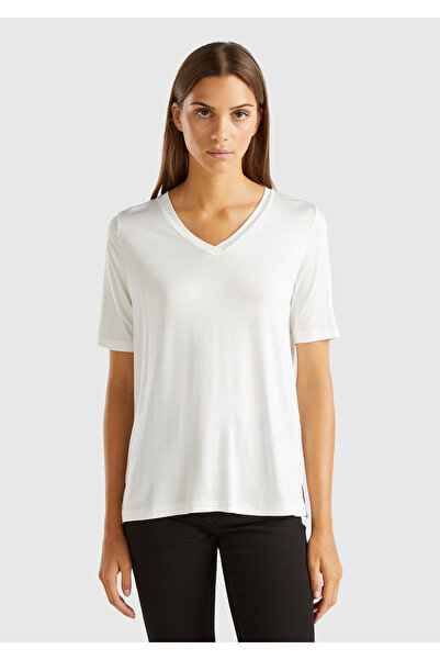 United Colors of Benetton Γυναικείο λευκό μπλουζάκι Eco-Viscose Regular Fit με λαιμόκοψη