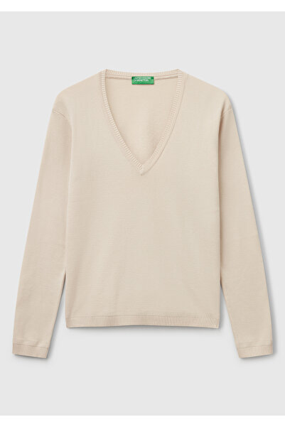 United Colors of Benetton Pulover subțire pentru femei, culoare piatră, 100% bumbac, cu detaliu cu nervuri, cu decolteu în V