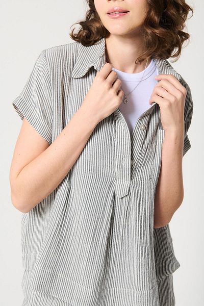 ZYRAH Gray Color Striped 100% Cotton Trapezoidal Cut Women's Short Sleeve Blouse