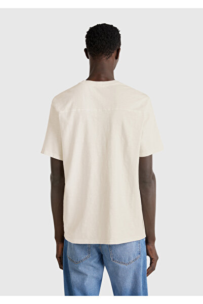 United Colors of Benetton Men's Beige-Burgundy Cotton Frayed Effect Front Relax Fit T-Shirt