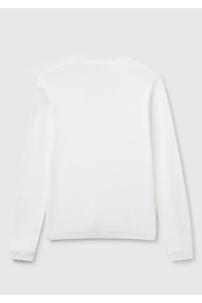 United Colors of Benetton Pulover subțire alb cu decolteu în V cu bumbac 100% nervuri pentru femei