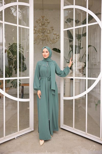 Nissra Mint Robe Beaded Ferace Nsr5016