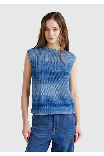 United Colors of Benetton Women's Blue 100% Cotton Shadow Effect Ribbed Relax Fit Sweater