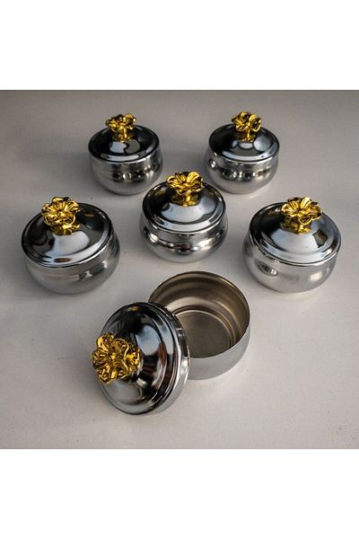 Decoan Set of 6 Silver Flower Pattern Chubby - Turkish Delight Bowl, Tea and Coffee Presentation Bowl, Sugar Bowl and Dragee