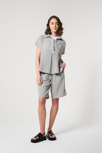 ZYRAH Gray Color Striped 100% Cotton Trapezoidal Cut Women's Short Sleeve Blouse