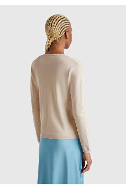 United Colors of Benetton Pulover subțire pentru femei, culoare piatră, 100% bumbac, cu detaliu cu nervuri, cu decolteu în V