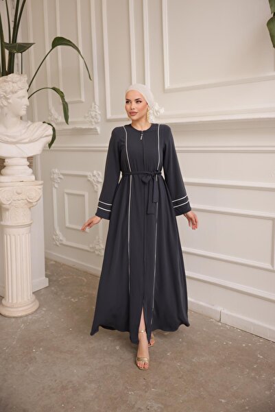 H HİJAB CENTER Antrasit Kol Ağzı Ve Önü Çift Biyeli Ferace 5045