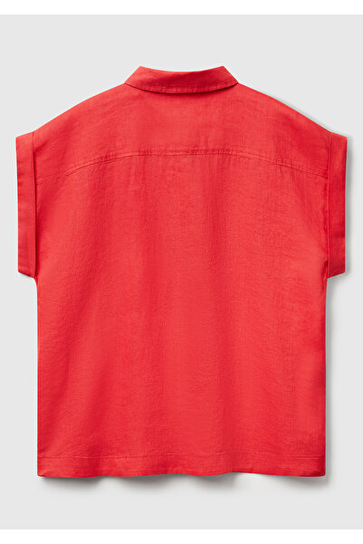 United Colors of Benetton Women's Coral 100% Linen Shoulder Detailed Short Sleeve Shirt