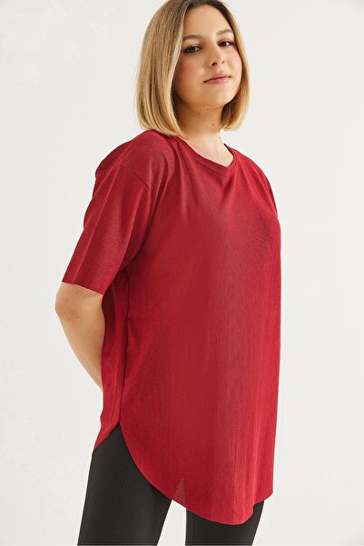 CALİENTE Tricou de bază cu mânecă scurtă și guler rotund, roșu claret