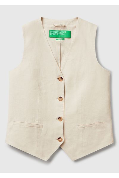 United Colors of Benetton Women's Stone Color 100% Linen Front Button Buttonhole V-Neck Vest