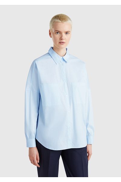 United Colors of Benetton Дамска светлосиня памучна риза с набрани ръкави и открито рамо