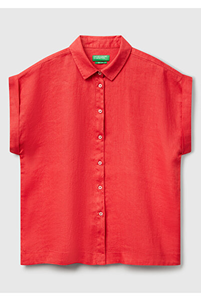 United Colors of Benetton Women's Coral 100% Linen Shoulder Detailed Short Sleeve Shirt