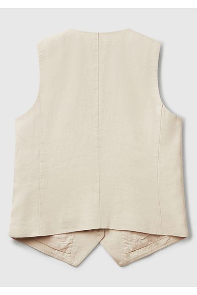 United Colors of Benetton Women's Stone Color 100% Linen Front Button Buttonhole V-Neck Vest