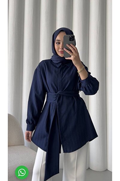 Cherry Garment Design KADIN TESETTÜR TUNİK ÇİZGİLİ DOKU BELİ KUŞAKLI ARMÜRLÜ ...