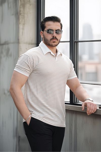 Valiberta Beige Collar Polo - Patterned and Knitted Turkish Yaremli T-Shirt