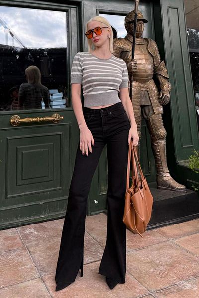 Madmext Gray Crew Neck Striped Women's T-Shirt Mg2400