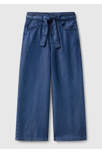 United Colors of Benetton Girl's Dark Denim 100% Lyosel Wide Fit Denim Trousers with Belted Waist