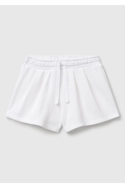 United Colors of Benetton Girl's White Benetton Logo Embroidered Waist Drawstring Shorts