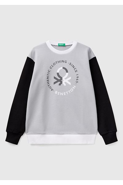United Colors of Benetton Boy's Gray Benetton Logo Printed Crew Neck Sweatshirt