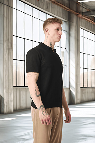 Valiberta Πλεκτό μοτίβο βισκόζης Polo Neck Knitwear Ανδρικό T-Shirt - Μαύρο