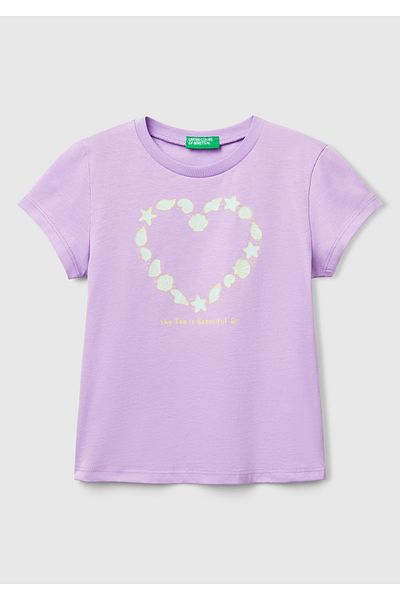 United Colors of Benetton Tricou cu mânecă scurtă cu imprimeu liliac pentru fete