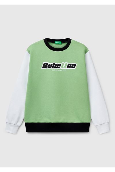 United Colors of Benetton Boy's Pistachio Green Mix Benetton Logo Printed Crew Neck Sweatshirt