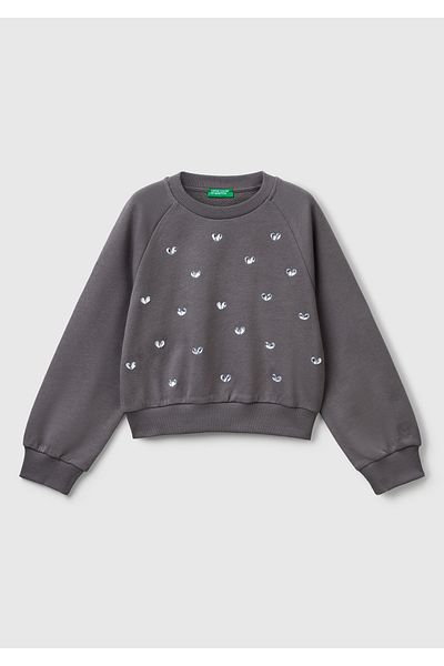 United Colors of Benetton Антрацитен оребрен суитшърт с кръгло деколте и камъни отпред, за момиче