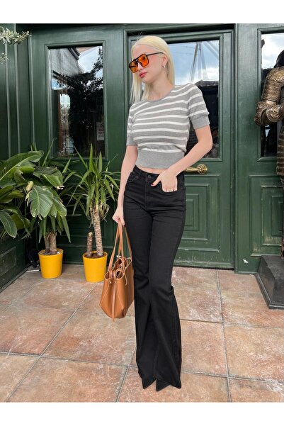 Madmext Gray Crew Neck Striped Women's T-Shirt Mg2400