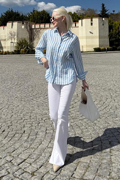 Madmext Mavi Cep Detaylı Çizgili Kadın Gömlek MG2295