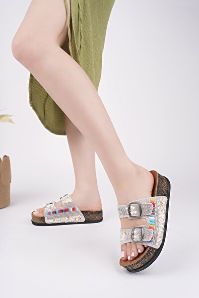 MUGGO Delbin Çift Bantlı Taşlı Ayarlanabilir Kemerli Günlük Kadın Terlik