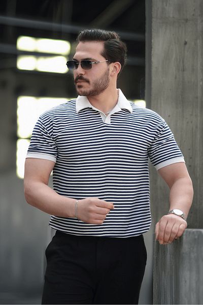 Valiberta Striped Knitted Patterned Polo Collar Men's T-Shirt - Navy Blue