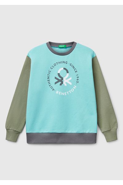 United Colors of Benetton Суитшърт с кръгло деколте и лого на Benetton за момче, тюркоазена смес