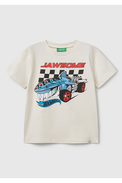 United Colors of Benetton Boy's Ecru Hot Wheels Printed Logo Label T-Shirt