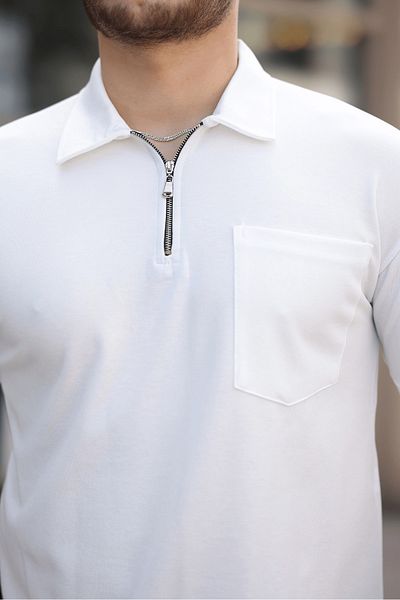 Valiberta Half Zipper Single Pocket Men's T-Shirt - White