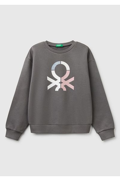 United Colors of Benetton Girl's Anthracite Glitter Benetton Logo Printed Crew Neck Sweatshirt