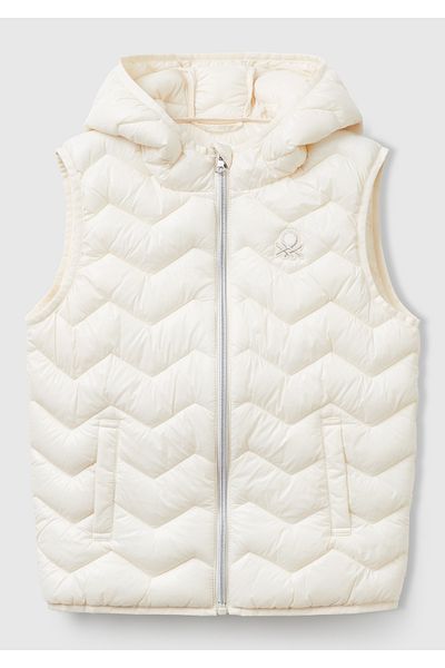 United Colors of Benetton Girl's Ecru Glitter Logo Detailed Hooded Vest