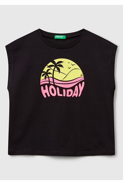 United Colors of Benetton Girl's Black Graphic Printed Short Sleeve T-Shirt