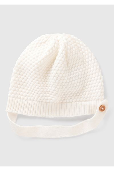 United Colors of Benetton Baby White 3D Stitched Hat with Drawstring and Buttons