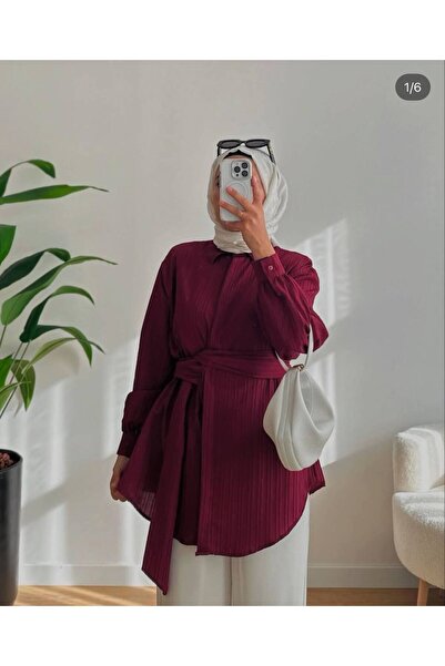 Cherry Garment Design KADIN TESETTÜR TUNİK ÇİZGİLİ DOKU BELİ KUŞAKLI ARMÜRLÜ ...