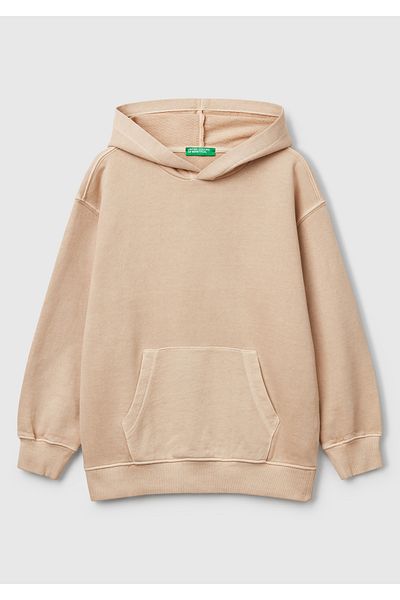 United Colors of Benetton Boy's Beige Printed Faded Effect Pouch Pocket Hooded Sweatshirt