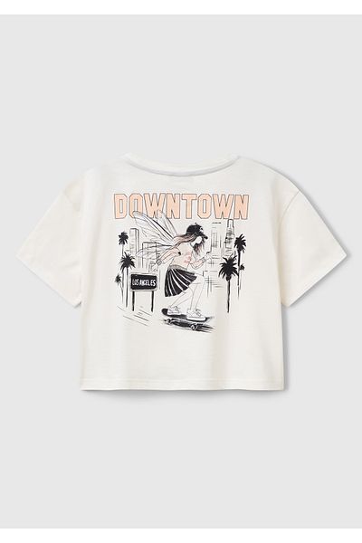 United Colors of Benetton Girl's Ecru T-Shirt with Printed Patch Pocket on the Back