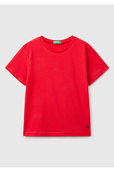 United Colors of Benetton Boy's Red Hem Tip Logo Label Crew Neck Plain T-Shirt